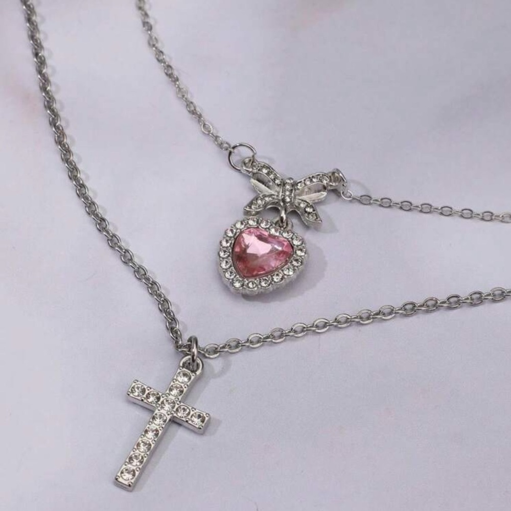 Heart Necklace, Double Layer Heart Cross Necklace, Bow Necklace, Coquette Girl